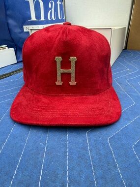 Huff Red Suede Snapback Hat with Gold 'H' Accent
